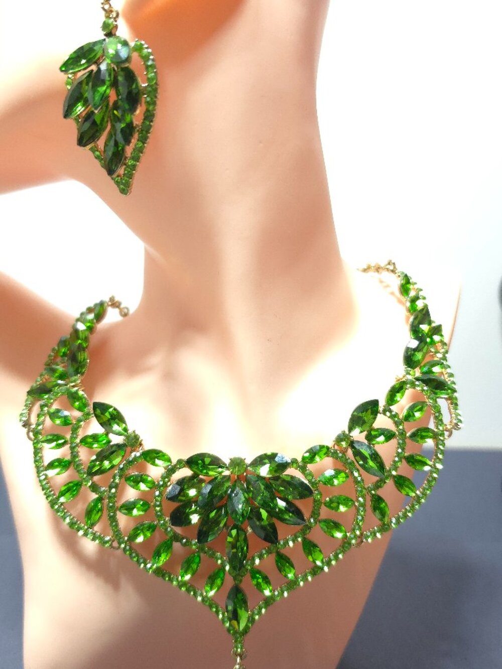 Green Rhinestone Bib Necklace